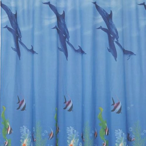 ZUHANYFÜGGÖNY, IMPREGNÁLT TEXTIL, VASALHATÓ, MOSHATÓ, DOLPHIN MINTÁZATÚ, MŰANYAG KARIKÁKKAL, 180*200CM