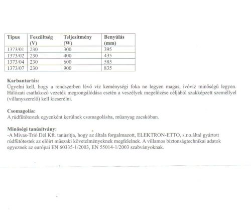 BIROSSI FŰTŐPATRON 300/400/500/600/900 WATT