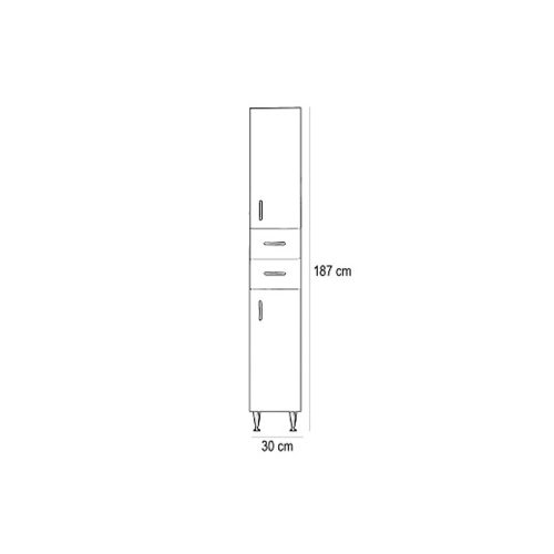 Bianca Plus 30 magas szekrény 1 ajtóval, 2 fiókkal, szennyestartóval, magasfényű fehér színben, jobbos