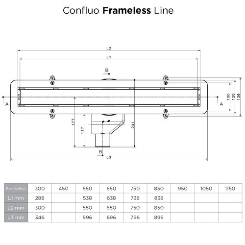 CONFLUO FRAMELESS LINE ZUHANYFOLYÓKA, 550, 650, 750, 850, 950,  SZÉLESSÉG, S SZIFON, ELBURKOLHATÓ VAGY FEKETE ÜVEG SZÍN, 48L/PERC ÁTFOLYÁS
