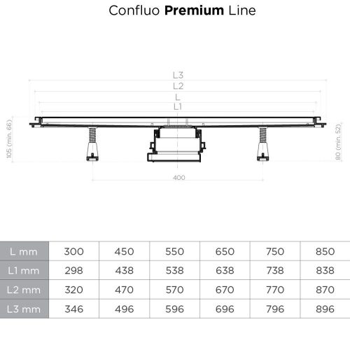 CONFLUO PREMIUM LINE ZUHANYFOLYÓKA, 850MM SZÉLESSÉG, ÖNTISZTÍTÓ S SZIFON, ELBURKOLHATÓ VAGY FEHÉR SZÍNŰ ÜVEG, 48LITER/PERC ÁTFOLYÁS, SZIVÁRGÁSMENTES