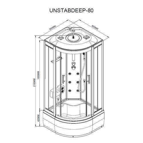 Vital Black 80x80 cm íves mélytálcás hidromasszázs zuhanykabin