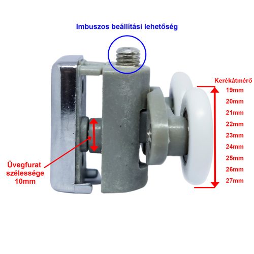 AQUAMAXX DUPLA KEREKES FELSŐ ZUHANYKABIN GÖRGŐ, IMBUSZOS BEÁLLÍTÁS, 10MM ÜVEGFURAT, 19-27MM KERÉKÁTMÉRŐ, ROZSDAMENTES ÉS NEM ROZSDAMENTES KERÉK