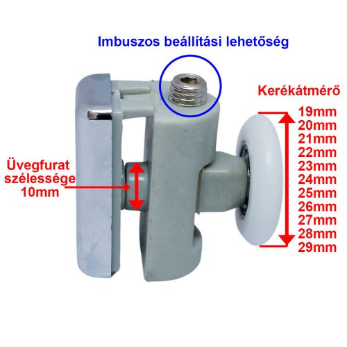 AQUAMAXX SZIMPLA KEREKES FELSŐ ZUHANYKABIN GÖRGŐ, IMBUSZOS BEÁLLÍTÁS, 10MM ÜVEGFURAT, 27MM KERÉKÁTMÉRŐ, ROZSDAMENTES KERÉK