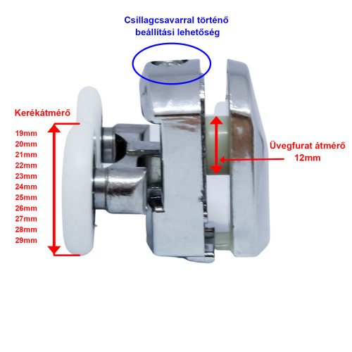 AQUAMAXX DUPLA KEREKES FELSŐ ZUHANYKABIN GÖRGŐ, CSILLAG CSAVAROS BEÁLLÍTÁS, 23MM KERÉKÁTMÉRŐ, 12MM ÜVEGFURAT, ROZSDAMENTES ÉS NEM ROZSDAMENTES KERÉK