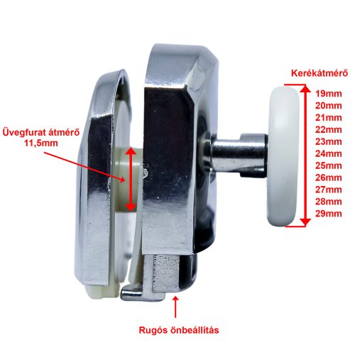 AQUAMAXX SZIMPLA KEREKES RUGÓS ALSÓ ZUHANYKABIN GÖRGŐ, RUGÓS BEÁLLÍTÁS, 28MM KERÉKÁTMÉRŐ, 12MM ÜVEGFURAT, NEM ROZSDAMENTES CSAPÁGYAZOTT KERÉK