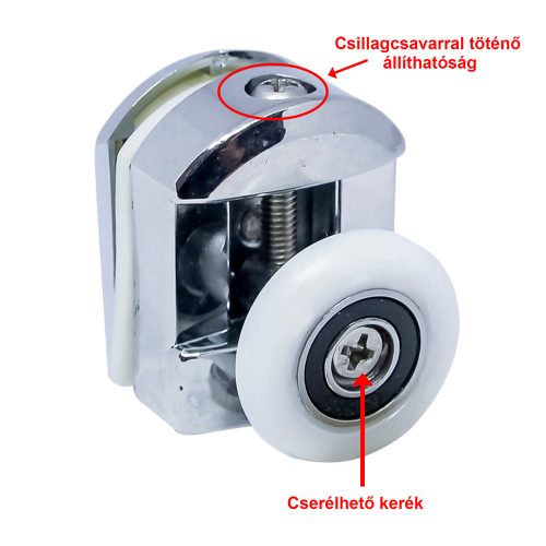 AQUAMAXX SZIMPLA  FELSŐ ZUHANYKABIN GÖRGŐ, CSILLAGCSAVAROS BEÁLLÍTÁS, 20MM KERÉKÁTMÉRŐ, 12MM ÜVEGFURAT, ROZSDAMENTES ÉS NEM ROZSDAMENTES KERÉK