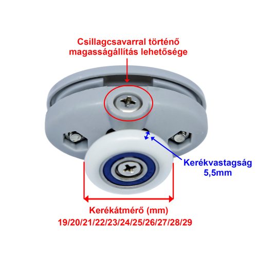 AQUAMAXX FELSŐ SZIMPLA ZUHANYKABIN GÖRGŐ, BEÁLLÍTÁS CSILLAGCSAVARRAL, 26,5MM FURATTÁVOLSÁG, 23MM KERÉKÁTMÉRŐ, ROZSDAMENTES KERÉK