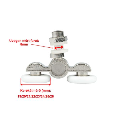 AQUAMAXX DUPLA KEREKES ZUHANYKABIN GÖRGŐ, EXCENTERES BEÁLLÍTÁS, 19MM-26MM KERÉKÁTMÉRŐ, ROZSDAMENTES ÉS NEM ROZSDAMENTES KERÉKKEL SZERELVE