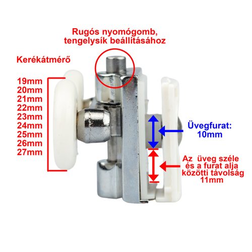 AQUAMAXX DUPLA KEREKES RUGÓS ALSÓ ZUHANYKABIN GÖRGŐ, NYOMÓGOMBOS BEÁLLÍTÁS, 19-27MM KERÉKÁTMÉRŐ, ROZSDAMENTES ÉS NEM ROZSDAMENTES KERÉKKEL SZERELVE